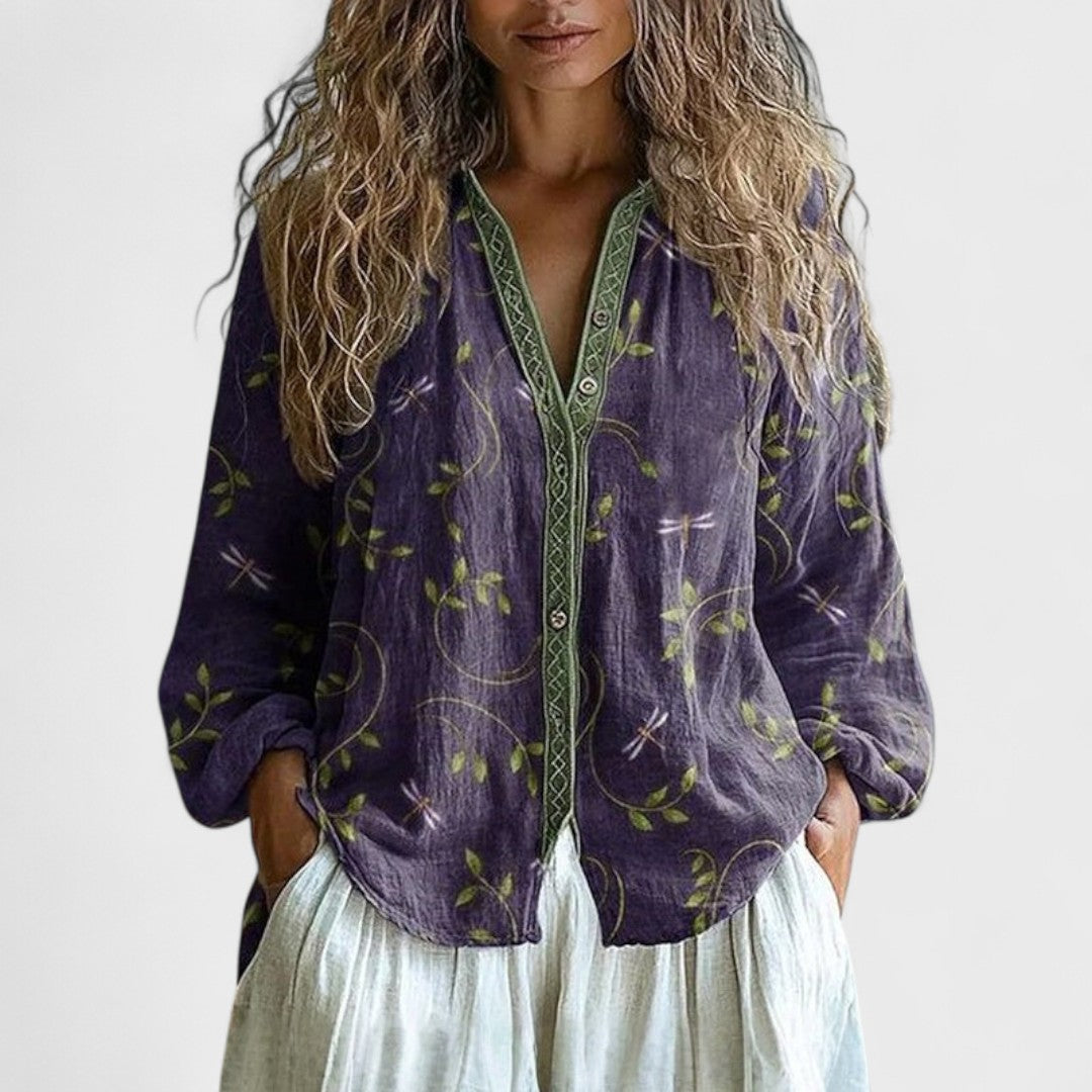 AMBRE™ | Camicetta Vintage con Stampa a Foglie